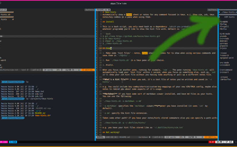 tmux-hints.sh: The auto cheatsheet for vim, zsh, tmux etc.